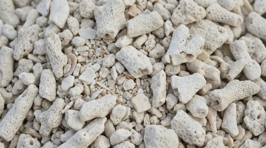 Close-up macro photograph of crushed coral texture showing angular white particles