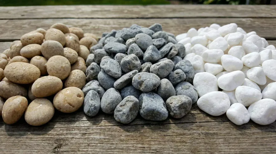 Different colors of pea gravel samples in beige, gray, and white