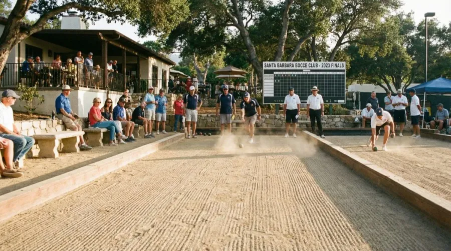 Professional bocce ball court with decomposed granite surface showing players in action