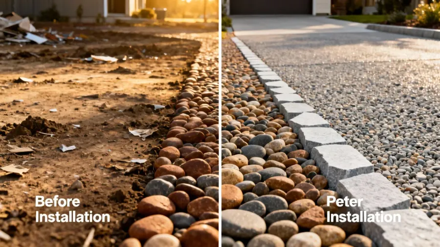 before and after photos showing pea gravel pathway and washed gravel driveway installations