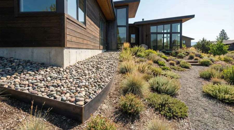 River rock around modern house foundation with proper grading