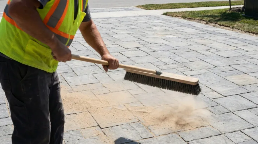 Step by step installation process showing sweeping polymeric sand into paver joints