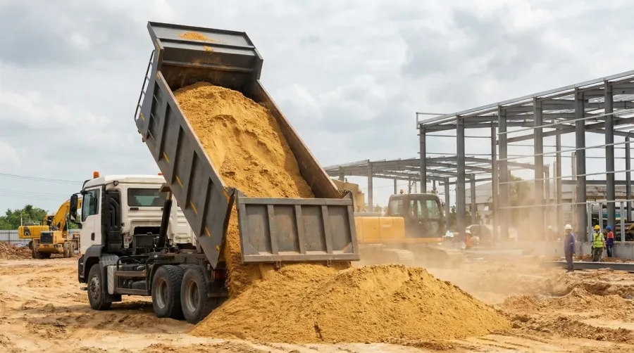 Construction site with bulk sand delivery truck