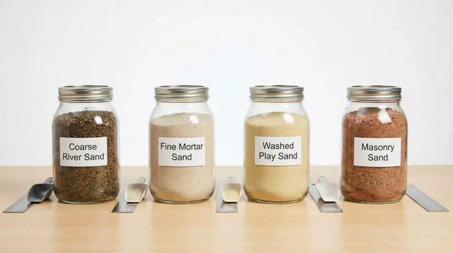 Different types of sand samples labeled with prices