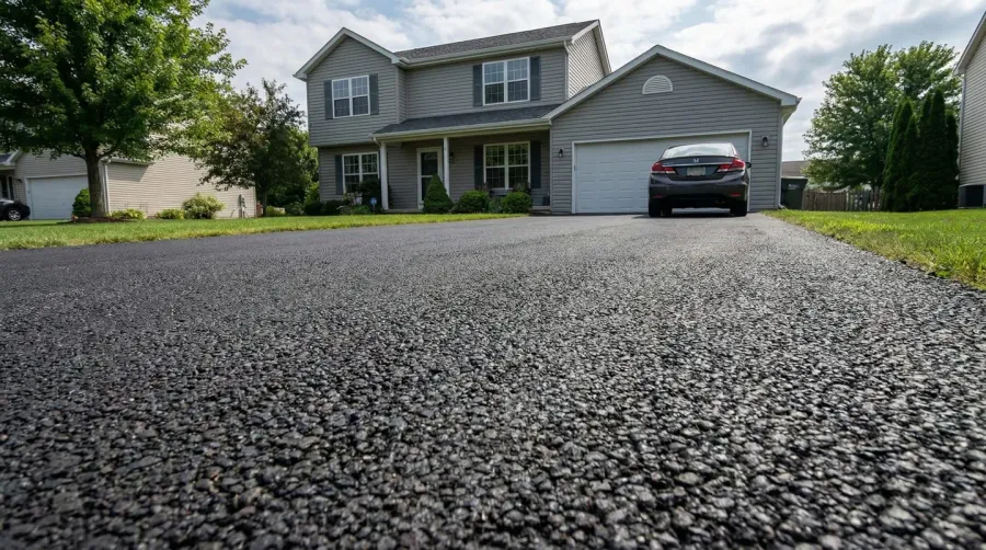 Residential driveway showing recycled asphalt surface with car parked