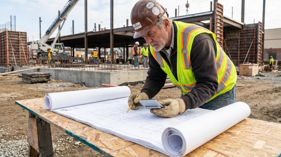 construction worker reviewing blueprints and calculator on job site
