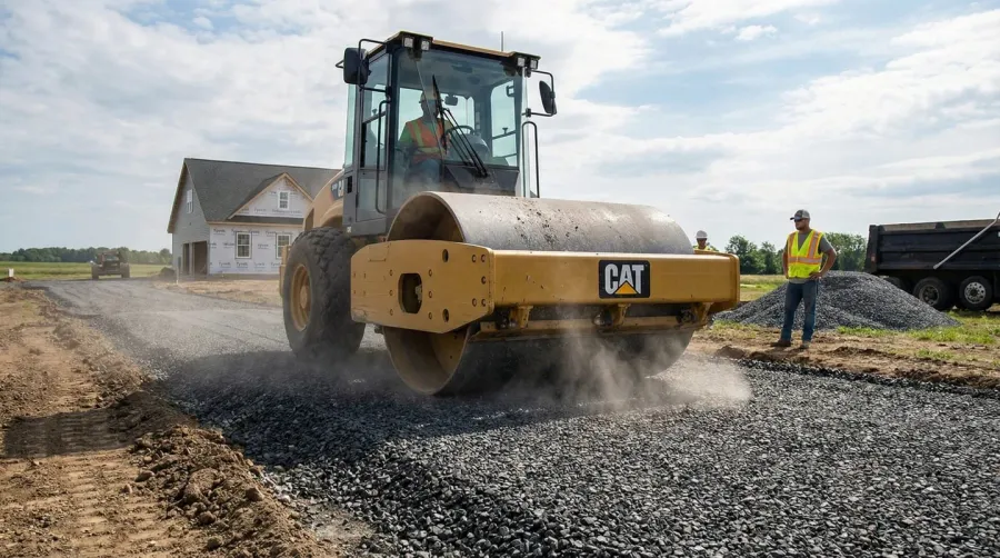 Quarter minus gravel installation with compaction roller on driveway