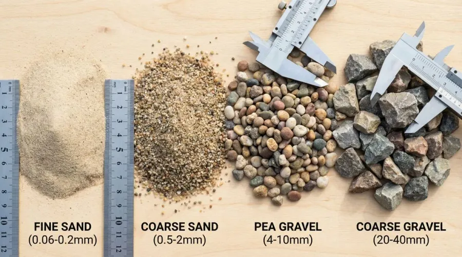 Close-up comparison showing different grades of sand and gravel with size measurements