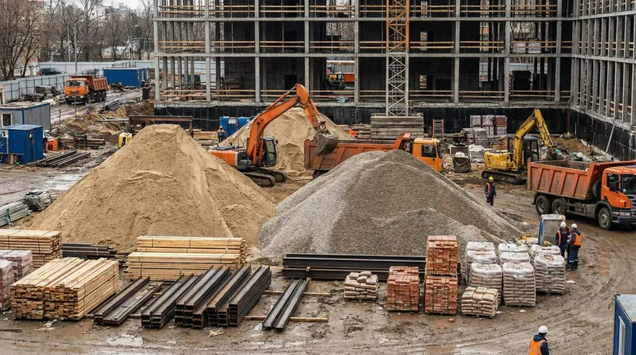 Construction site with sand and gravel materials