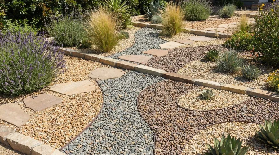 Pea gravel color variations arranged in landscape setting