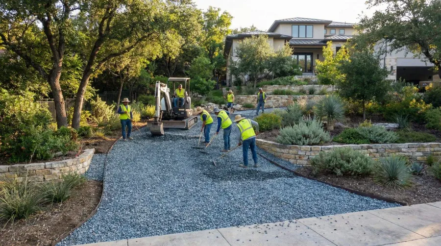 Blue gravel stone driveway landscaping installation