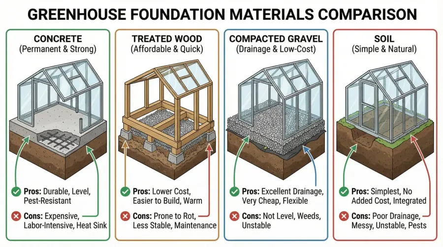 Comparison chart showing different greenhouse foundation materials