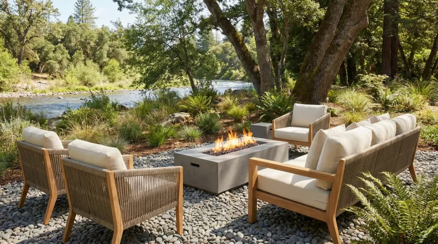 River rock patio seating area with modern furniture and fire pit