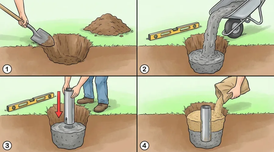Step by step flagpole base installation diagram