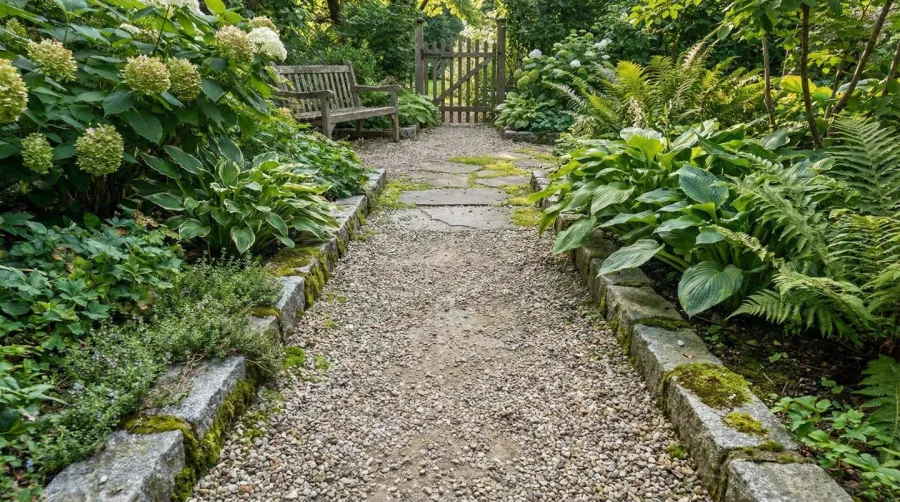 Well-maintained pea gravel walkway with proper edging showing long-term results