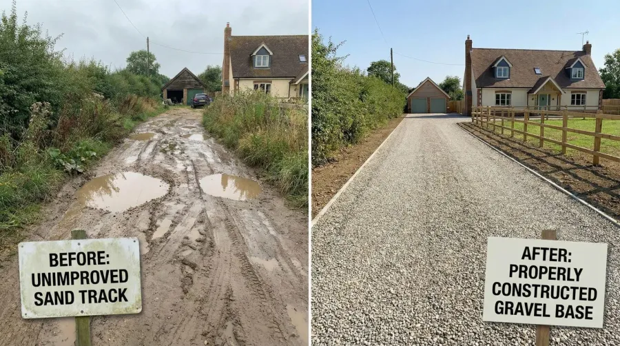 Before and after comparison showing rutted sand driveway versus properly built gravel base