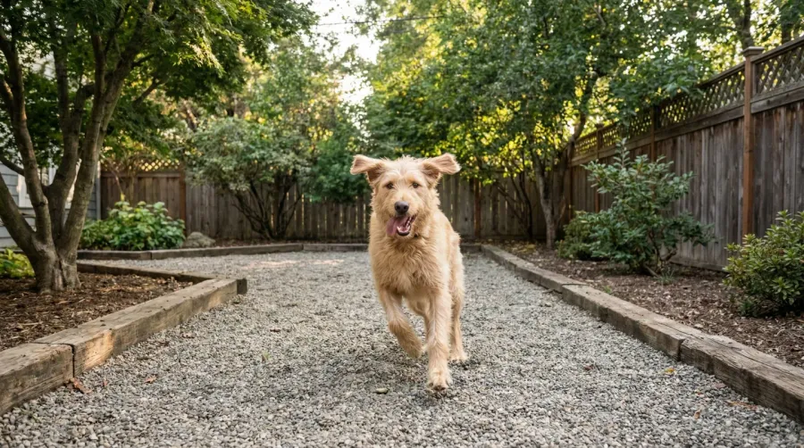 dog running on gravel surface in backyard
