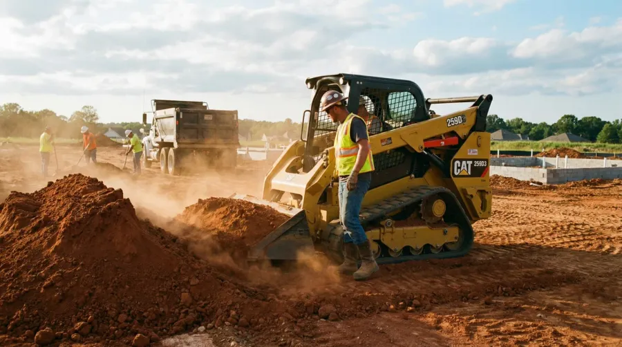 Construction worker spreading fill dirt with equipment