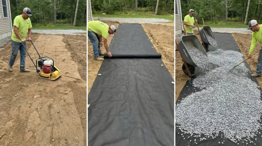 Granite gravel installation process showing proper base preparation