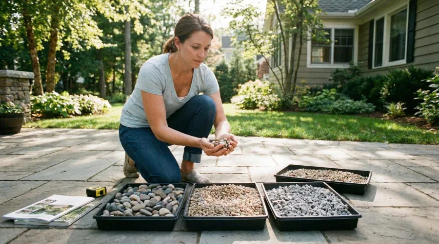 Homeowner examining different gravel samples to make selection decision