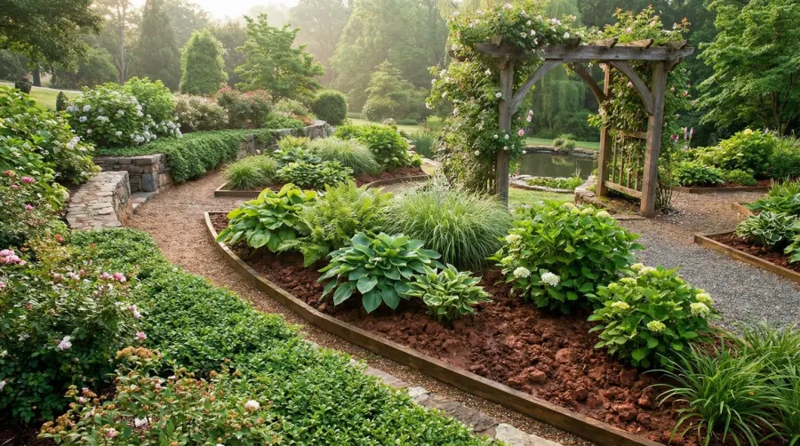 Landscaped garden with heavy clay soil showing healthy plant growth