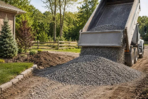 Dump truck placing crushed gravel on a residential driveway beside a paver-edged bed