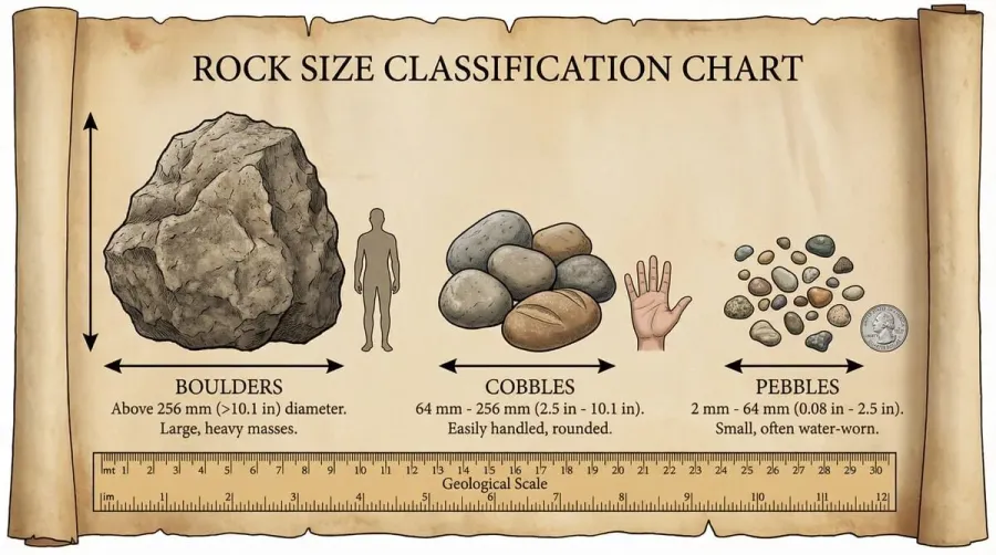 Rock size comparison chart showing boulders, cobbles, and pebbles with measurements