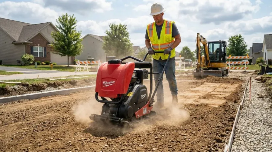 Plate compactor working on fill dirt driveway base