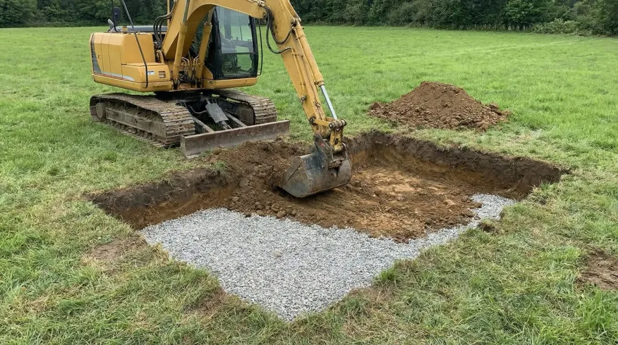 Step-by-step gravel foundation installation showing excavation and compaction