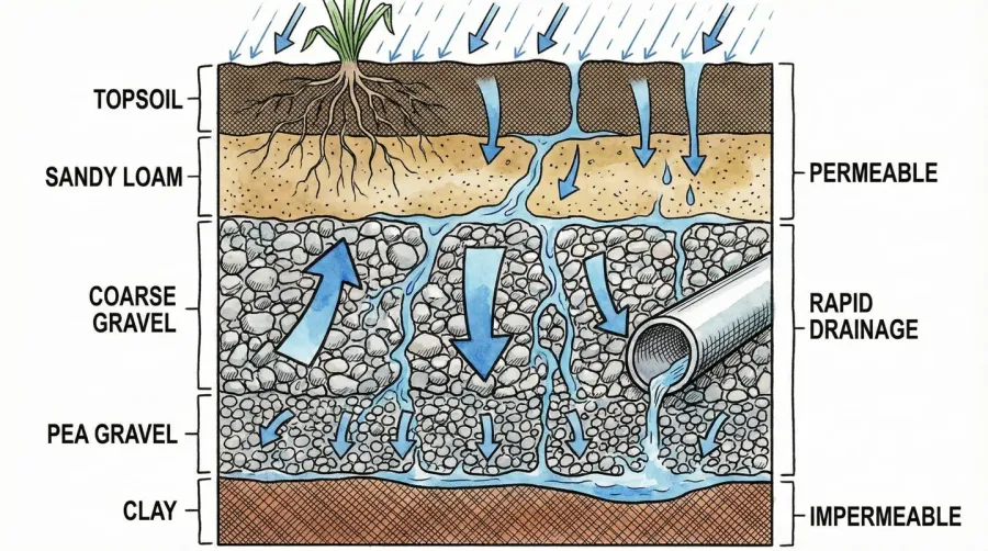 Cross section showing gravel drainage layer preventing water buildup around plant roots