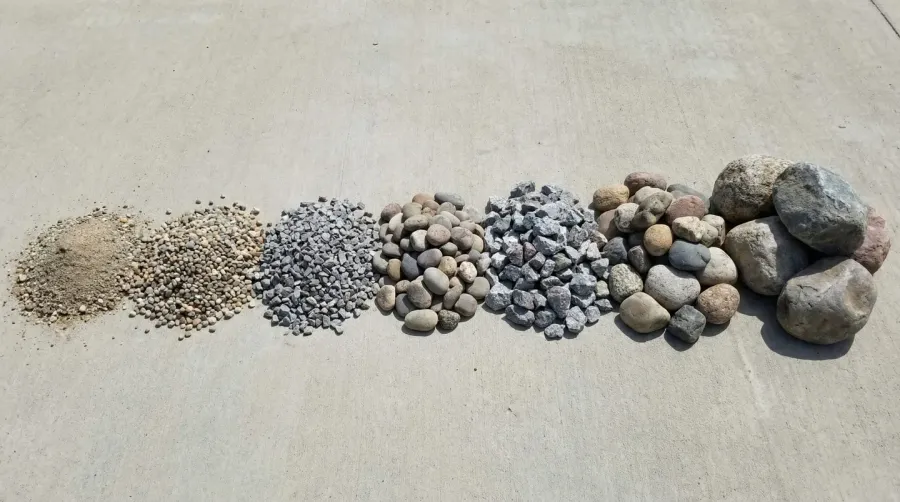 Gravel size comparison chart showing different sizes from fine to large stones