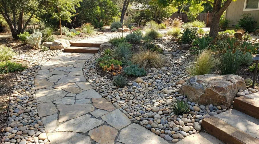 Landscaping project showing pebbles used in garden pathways and borders