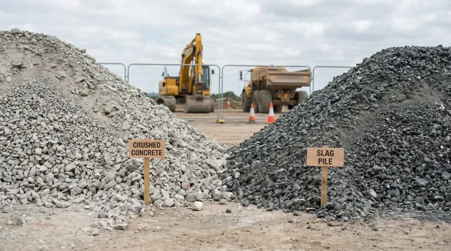 side-by-side comparison of crushed concrete pile and slag pile with construction equipment in background