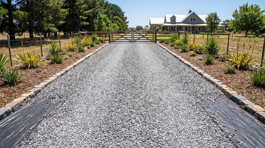 Well maintained weed free gravel driveway with landscape fabric