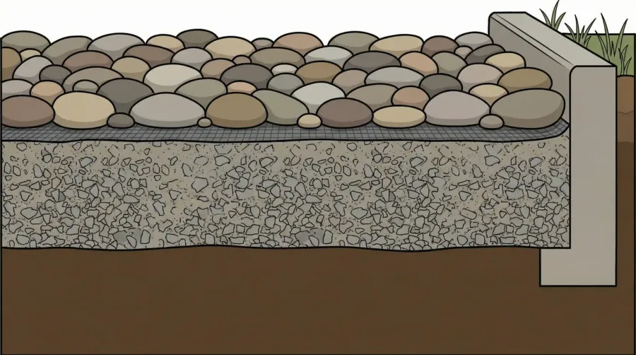 Cross section diagram showing river rock installation layers