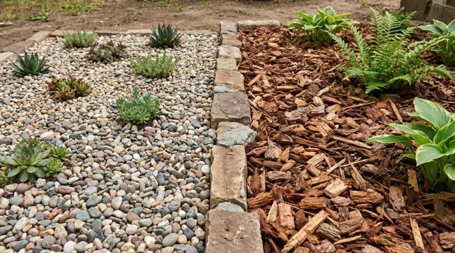 comparison of gravel and bark mulch in garden beds