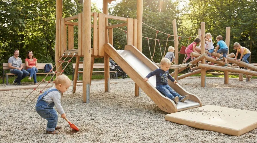 playground with pea gravel surface showing children playing safely