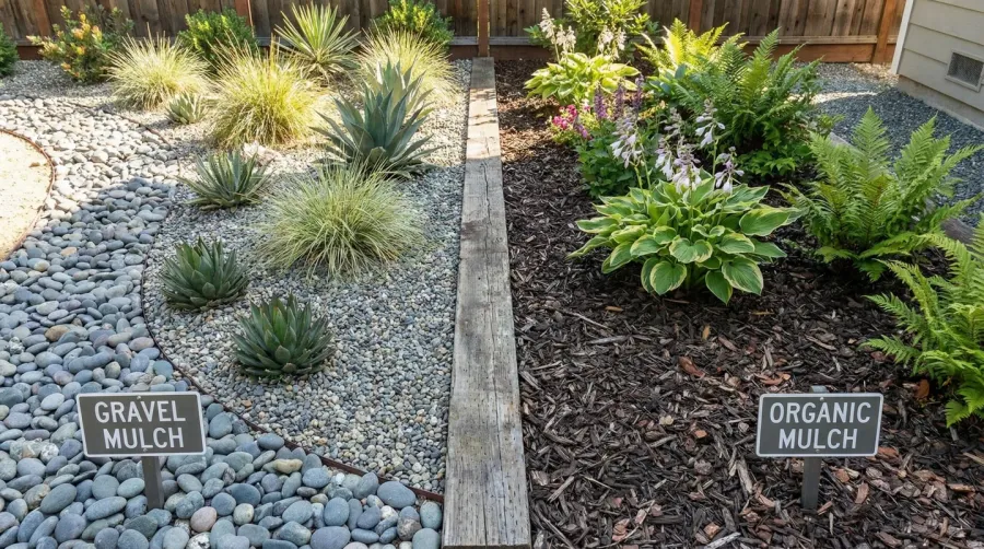 Comparison of gravel mulch and traditional organic mulch in garden beds