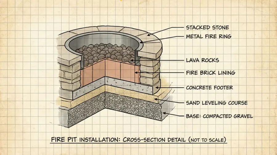 Fire pit installation cross-section showing layers