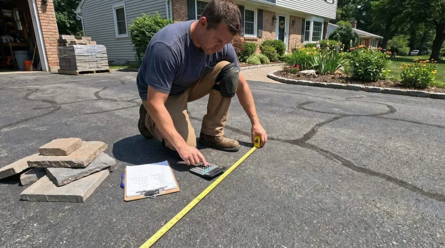 Person using measuring tape and calculator to measure driveway area for stone installation
