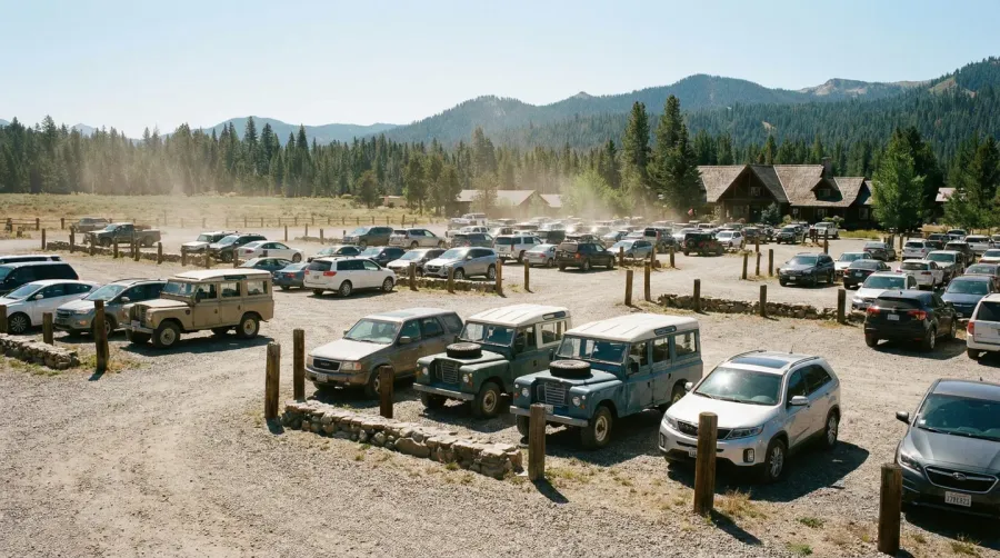 Gravel parking area overview with cars parked in different sections