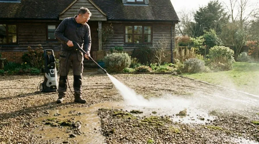 Homeowner using pressure washer to clean gravel driveway surface