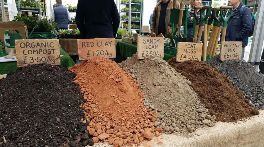 Pile of different soil types with price tags