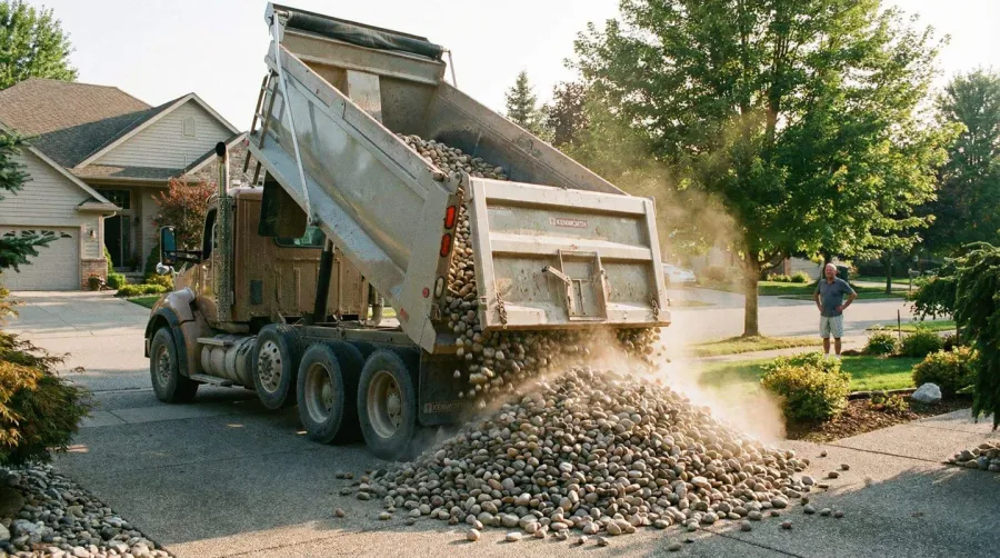 Dump Truck Delivering River Rock Residential Driveway