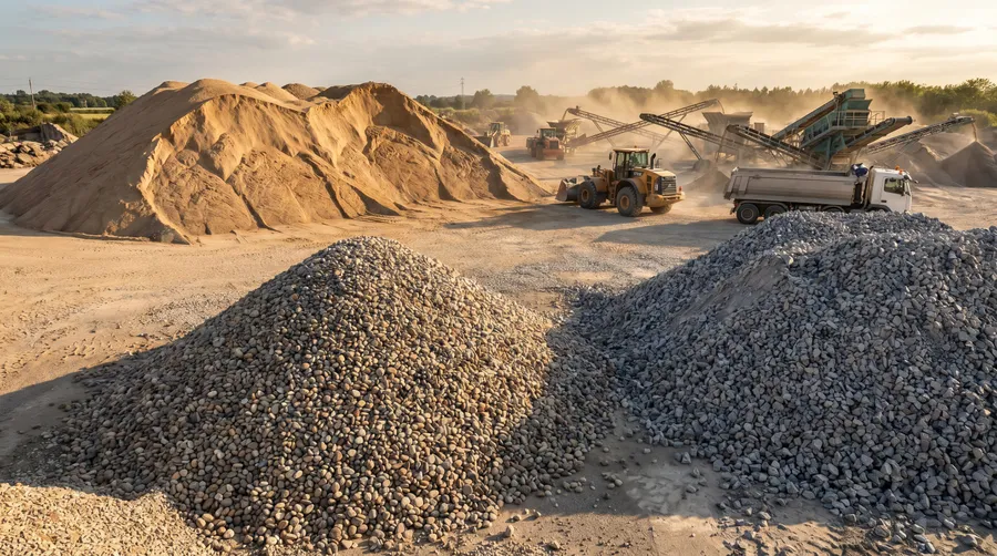 Construction aggregate materials including sand, gravel, and crushed stone in piles
