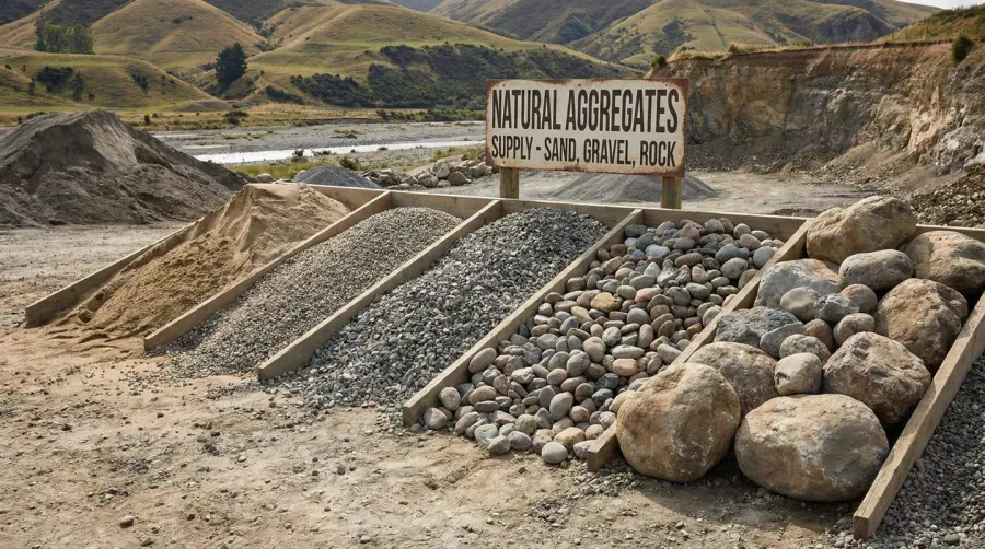 Sand, rocks, and gravel construction materials displayed in a natural landscape setting