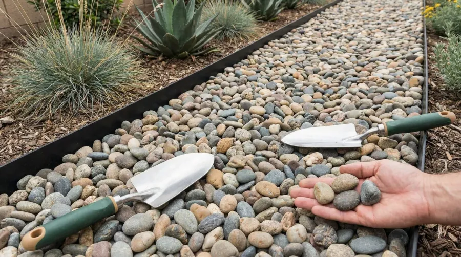 small river rock landscaping application showing size comparison