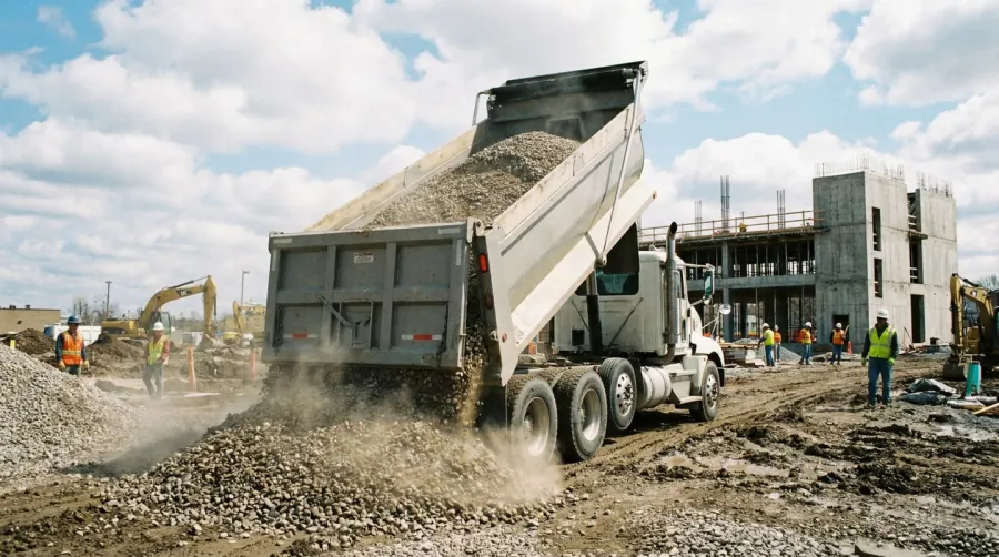 Construction site with bulk gravel delivery truck