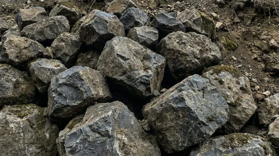 Close-up view of Class I rip rap stones showing angular trap rock texture and size variation