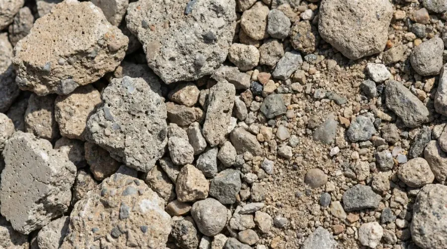 Close-up view of crushed concrete aggregate showing different sizes and textures